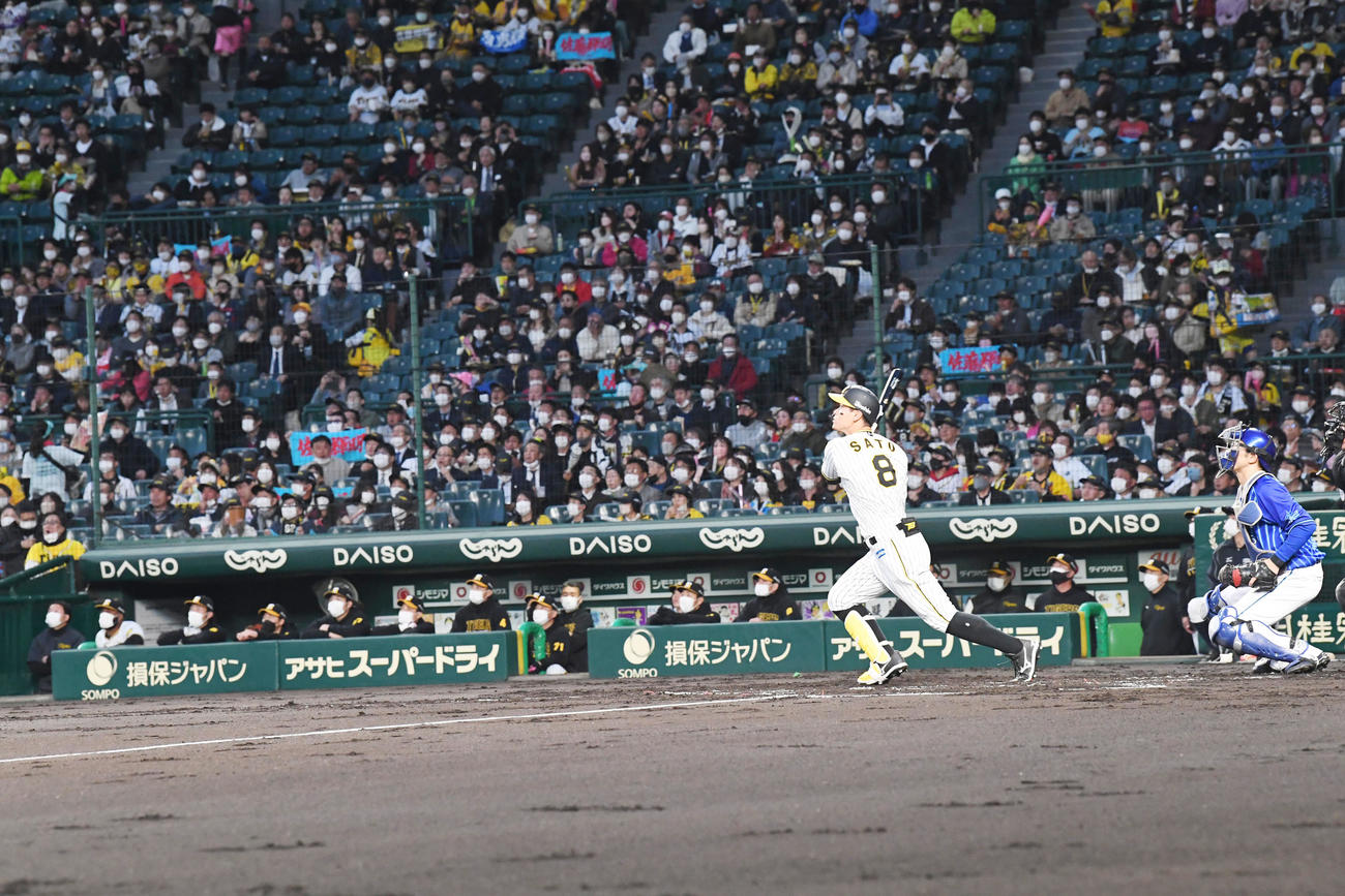 阪神対DeNA 1回裏阪神1死一塁、佐藤輝は右越え2点本塁打を放つ（撮影・前岡正明）