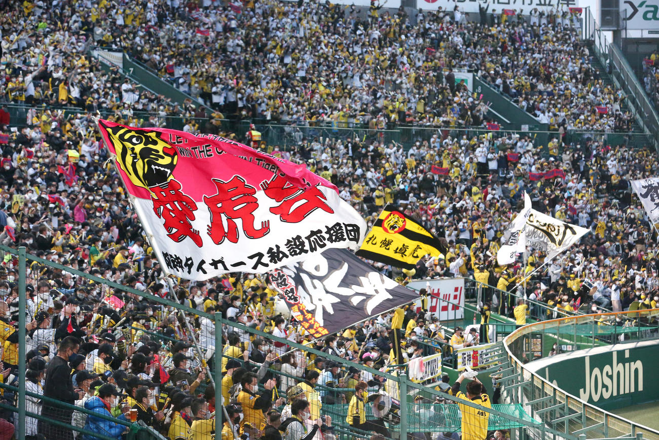 阪神対DeNA 1回、中野の右前適時打で先制点が入り盛り上がるライトスタンドの阪神ファン（撮影・上山淳一）