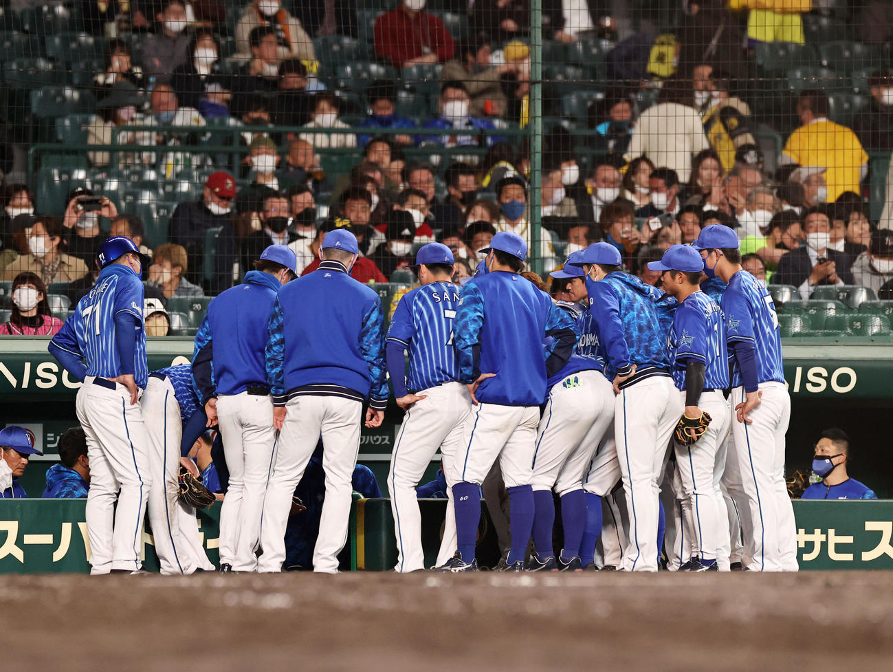 阪神対DeNA 6回表を前にベンチで円陣を組むDeNAナイン（撮影・加藤哉）