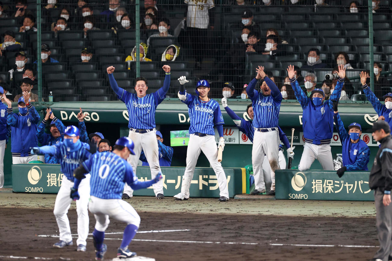 阪神対DeNA 11回表DeNA無死、大田（手前）の右三塁打に盛り上がるDeNAナイン（撮影・上山淳一）
