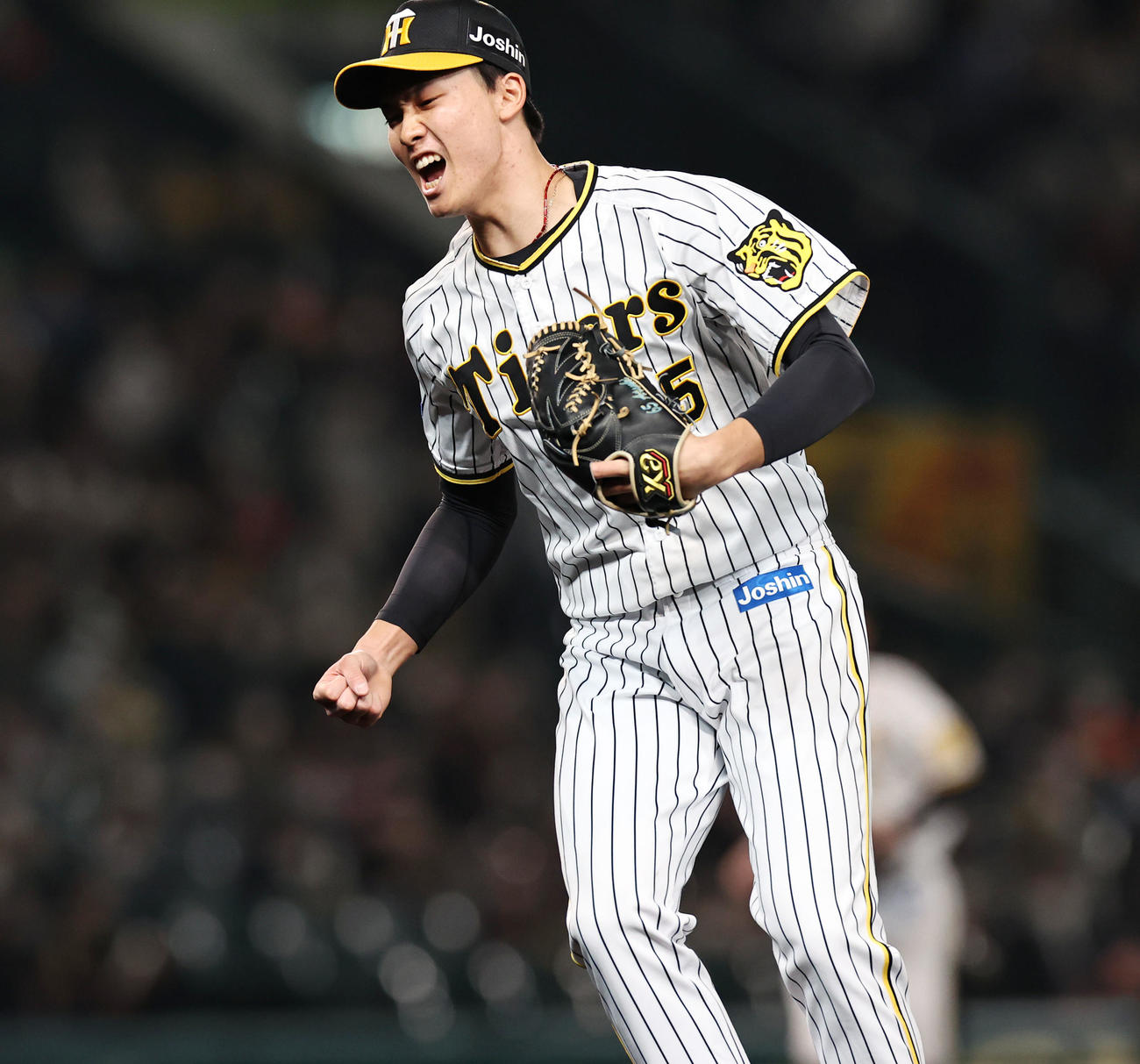 阪神対DeNA 11回表DeNA2死三塁、湯浅は佐野を一ゴロに仕留め渾身のガッツポーズを見せる（撮影・加藤哉）