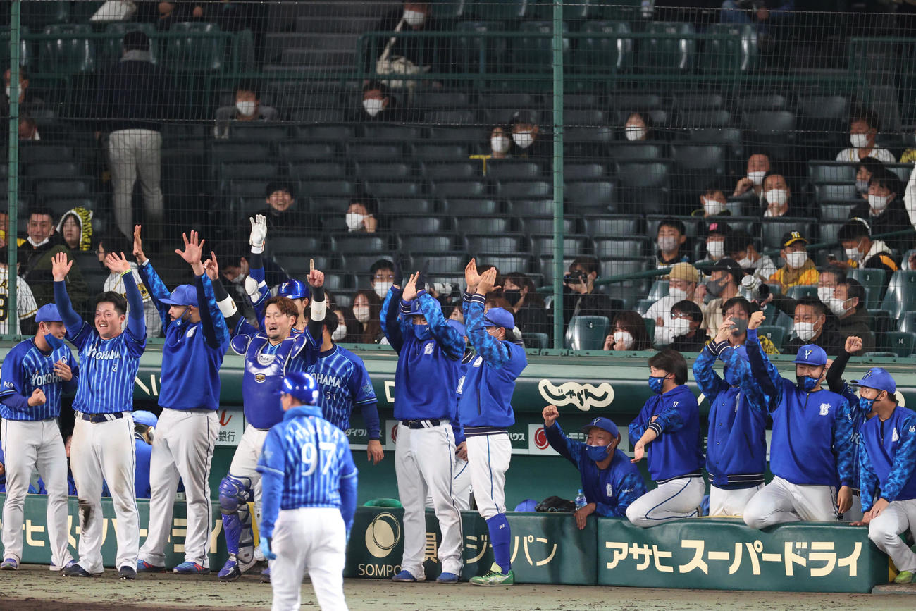 阪神対DeNA 12回表DeNA1死満塁、大田が左3点適時二塁打を放ち盛り上がるDeNAナインら（撮影・上山淳一）