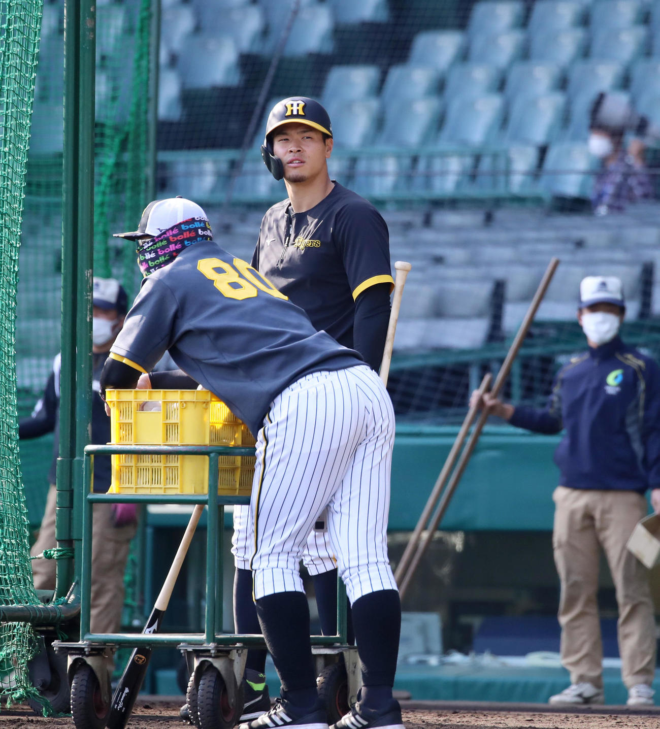 阪神対DeNA　打撃練習中、遠くを見つめる佐藤輝（撮影・加藤哉）