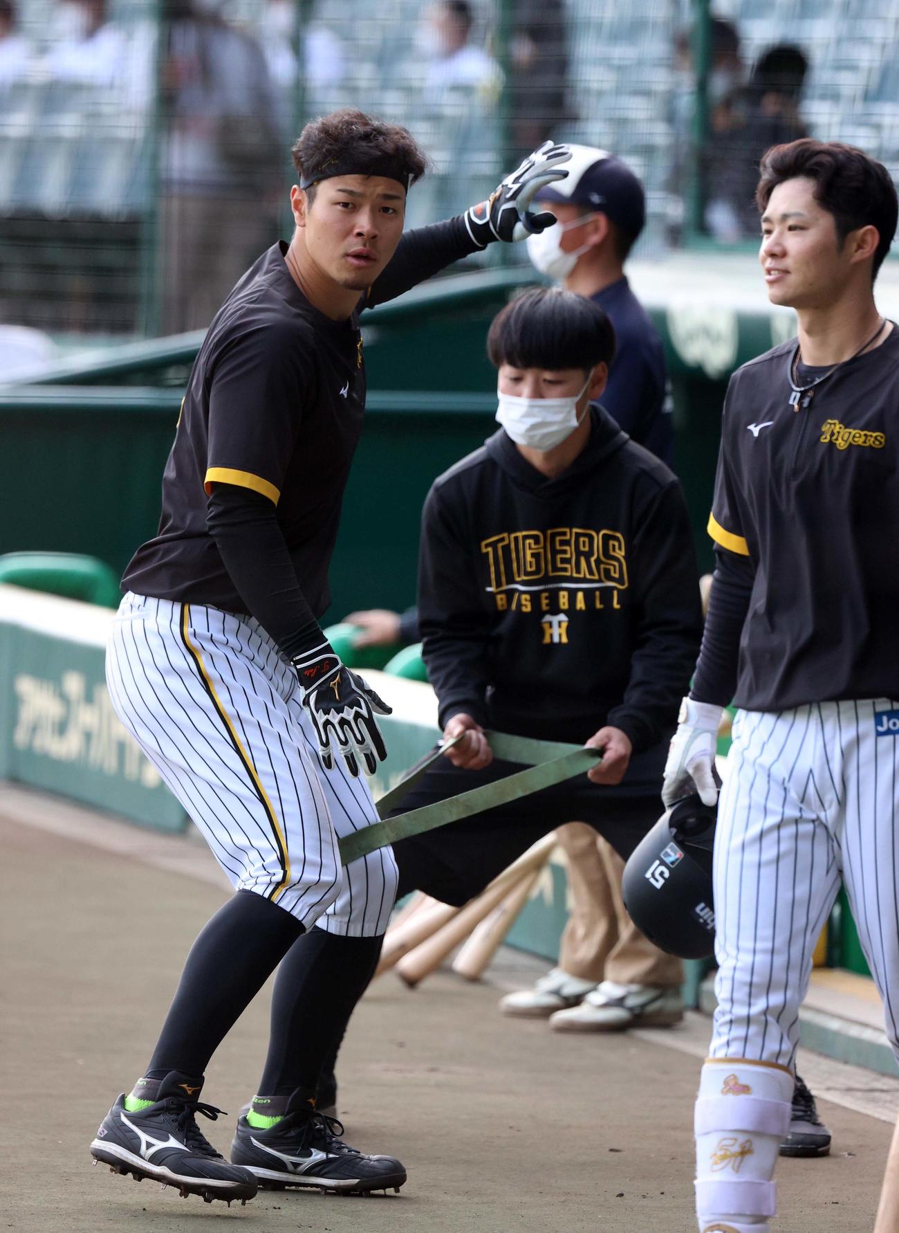 阪神対DeNA　佐藤輝（左）はゴムを使って打撃フォームを矯正する（撮影・上田博志）