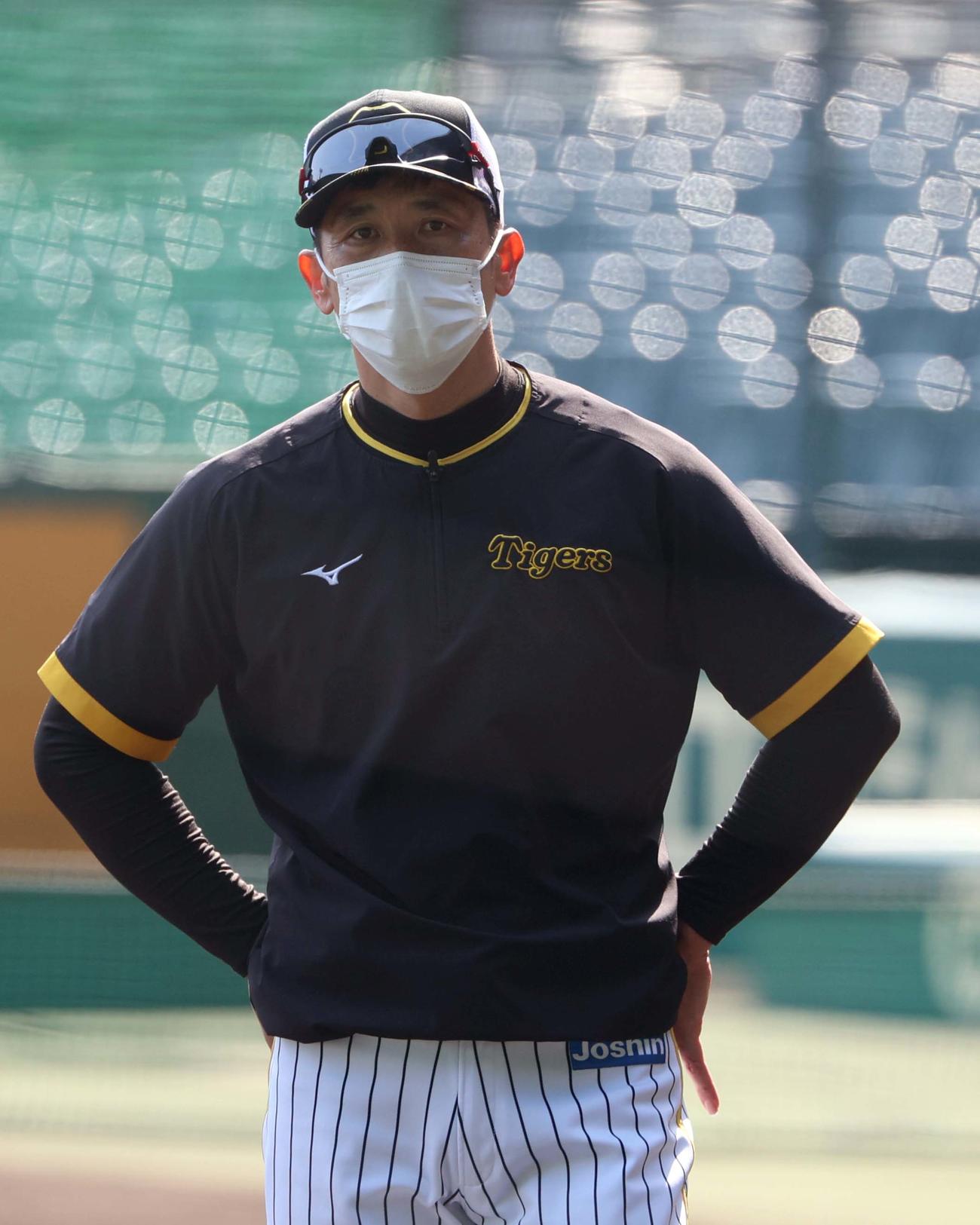 阪神対DeNA　矢野燿大監督は試合前の選手をチェックする（撮影・上田博志）
