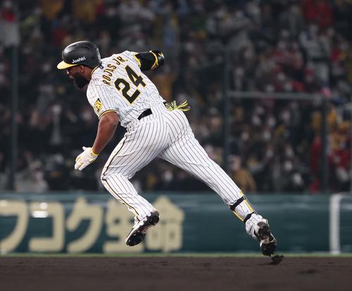 阪神対広島 6回裏阪神2死二塁、右越えに同点適時二塁打を放ったロハス・ジュニアは二塁を回った所で足がもつれる(撮影・上田博志)