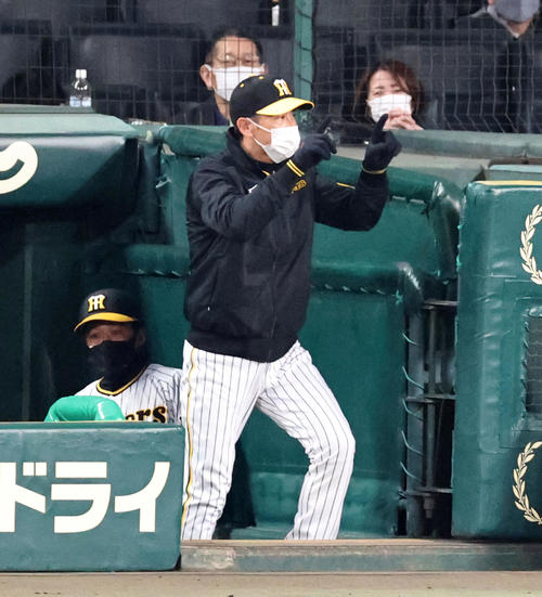 阪神対広島 2回表広島2死一塁、一塁走者西川の二塁盗塁判定にリクエストする矢野監督(撮影・加藤哉)