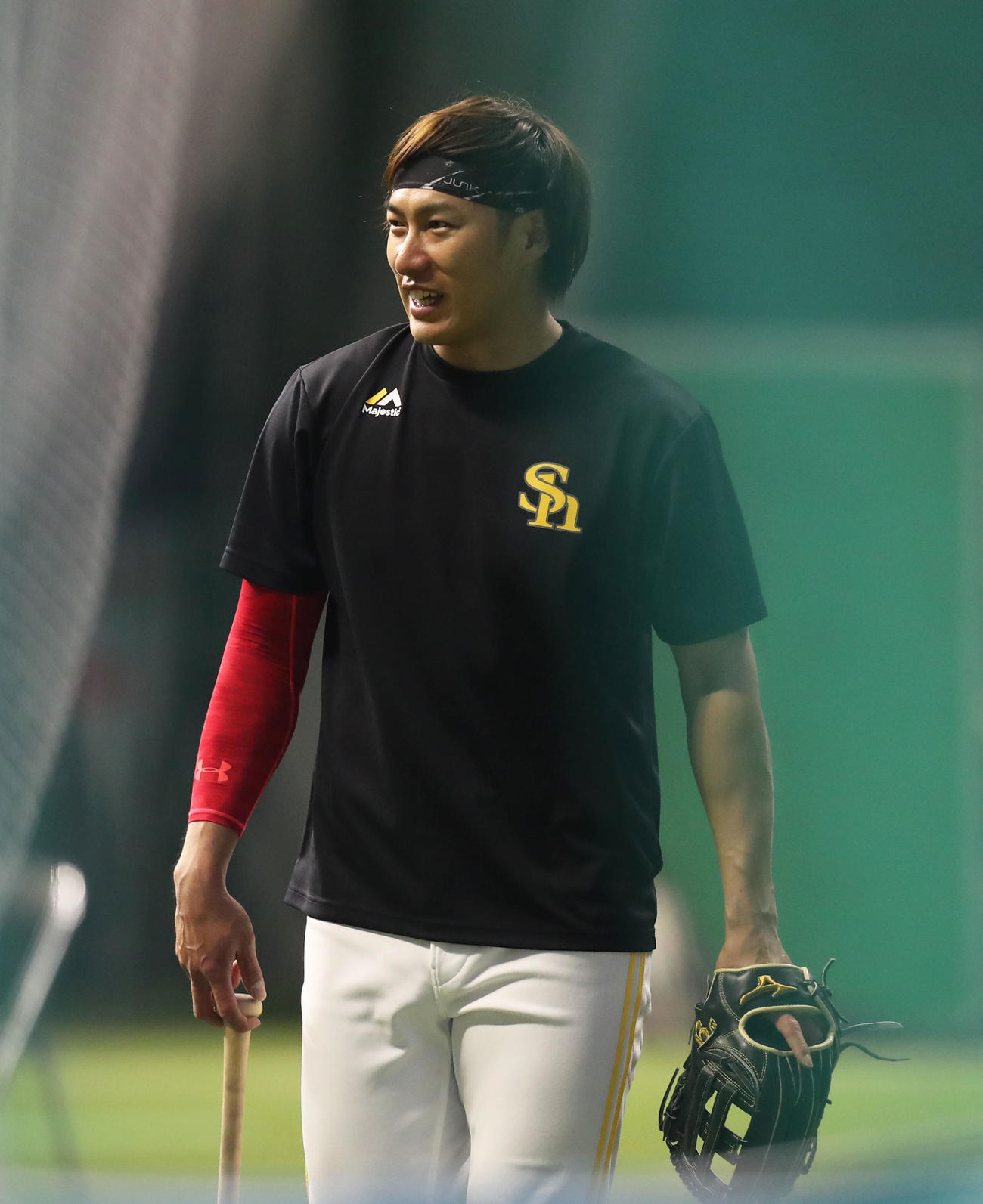 笑顔で練習を終える柳田（撮影・屋方直哉）