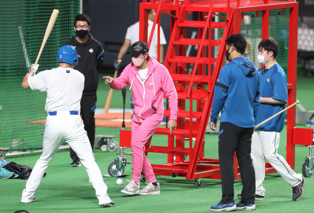 日本ハム対楽天　試合前、上下ピンクの衣装で日本ハム王柏融（左手前）に打撃指導をする新庄監督（撮影・佐藤翔太）