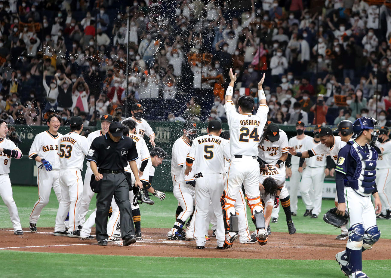 巨人対ヤクルト　10回裏巨人1死、サヨナラ右越えソロ本塁打を放った立岡（中央）を喜び迎える選手たち（撮影・鈴木正人）
