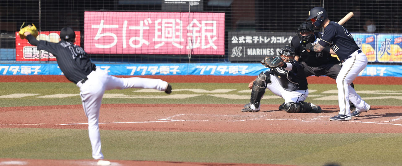 ロッテ対オリックス　5回表オリックス無死、見逃し三振に倒れるラベロ。投手佐々木朗（撮影・狩俣裕三）
