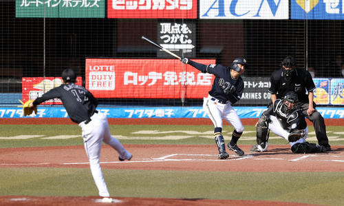 ロッテ対オリックス　6回表オリックス2死、空振り三振に倒れるオリックス宜保。投手ロッテ先発の佐々木朗（撮影・狩俣裕三）