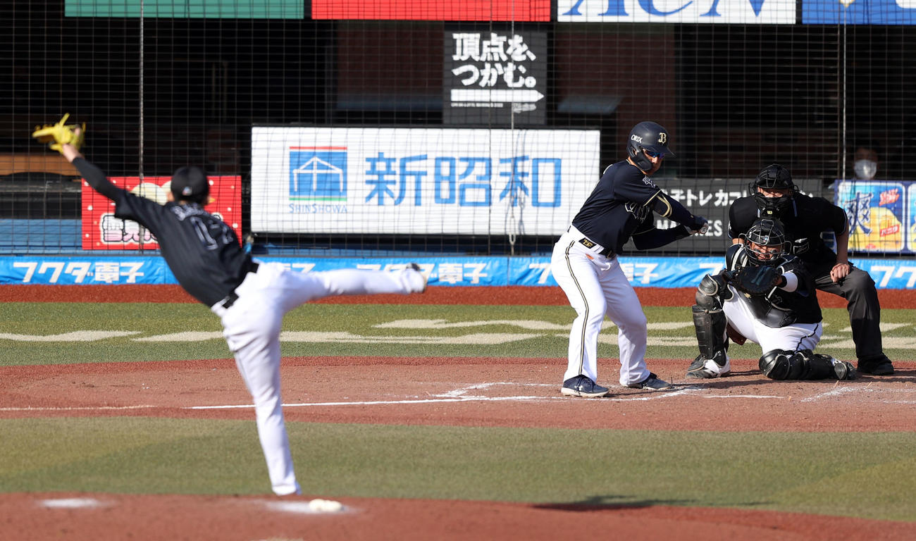 ロッテ対オリックス　7回表オリックス2死、見逃し三振に倒れるオリックス吉田正。投手佐々木朗（撮影・狩俣裕三）