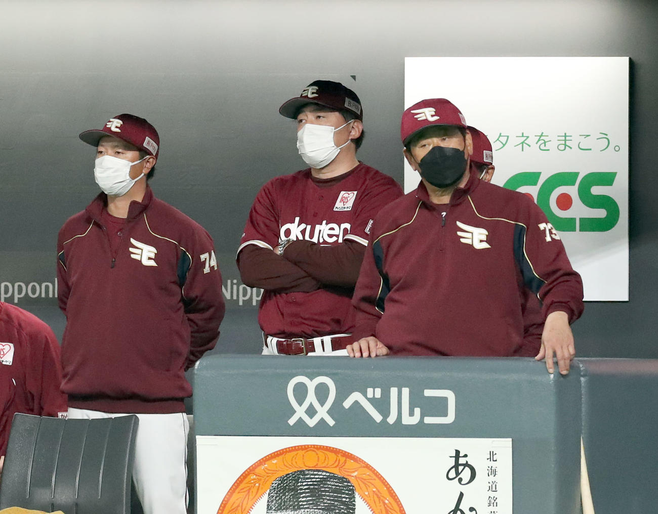 日本ハム対楽天　ベンチで険しい表情の楽天石井GM兼監督（中央）（撮影・佐藤翔太）