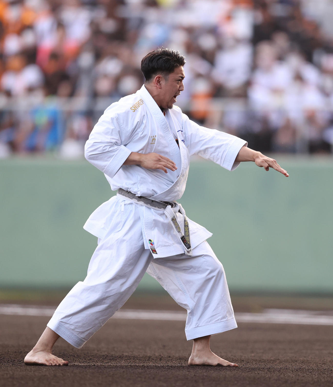 巨人対DeNA　始球式で空手の形を披露する東京五輪男子空手金メダリストの喜友名（撮影・狩俣裕三）