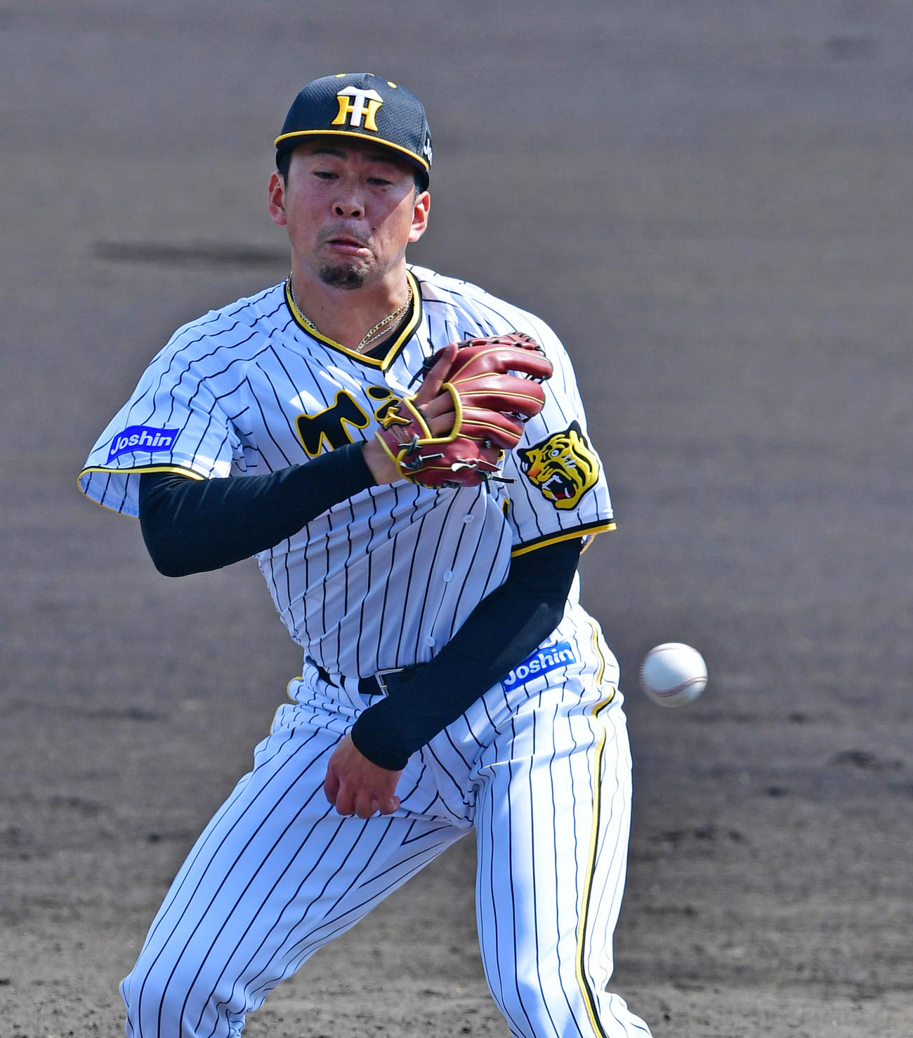 阪神対中日　6回表中日無死一塁、三ツ俣の打球に反応するマウンドの阪神渡辺（撮影・清水貴仁）