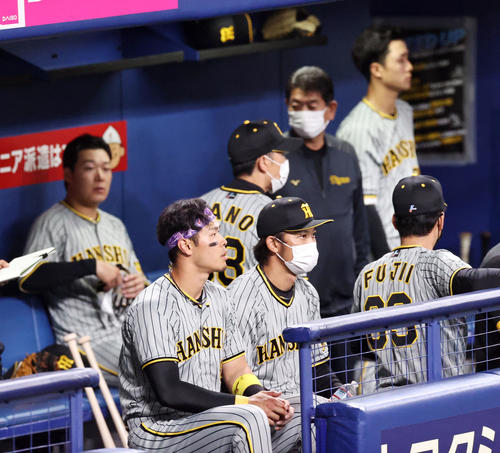 中日対阪神 中日に3連敗しベンチからグラウンドを見つめる佐藤輝(撮影・加藤哉)