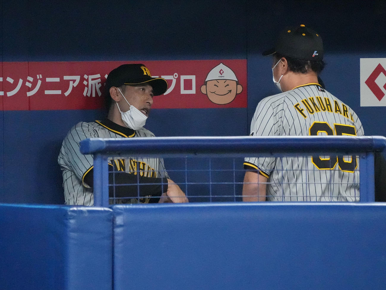 中日対阪神　3回表阪神攻撃終了、福原投手コーチ（右）とベンチで言葉を交わす矢野監督（左）（撮影・森本幸一）