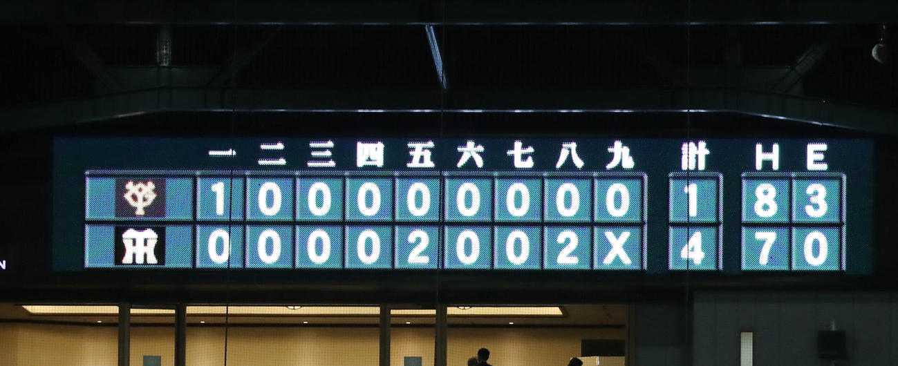 阪神対巨人　阪神勝利のスコア（撮影・加藤哉）