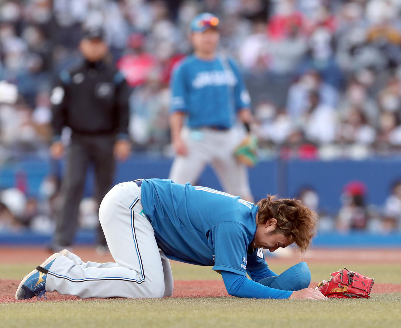 ロッテ対日本ハム　投球後、その場に崩れ落ちる日本ハム伊藤（撮影・佐藤翔太）