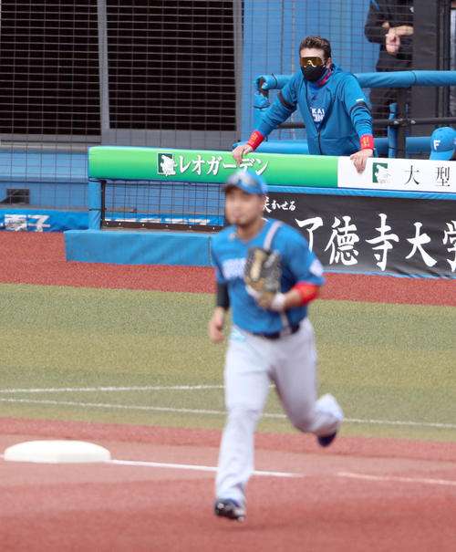 ロッテ対日本ハム グラウンドを見つめる日本ハム新庄監督(撮影・佐藤翔太)