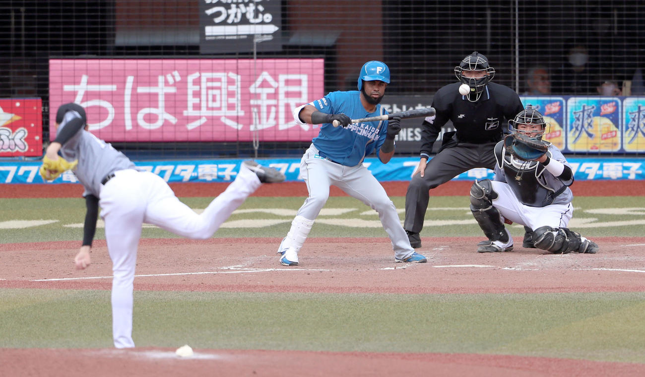 ロッテ対日本ハム　4回表日本ハム無死、アルカンタラはセーフティバントの構えを見せる。投手は佐々木朗（撮影・佐藤翔太）