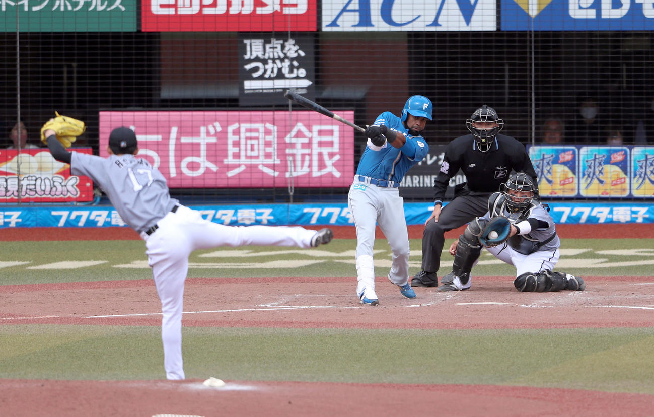 ロッテ対日本ハム　4回表日本ハム無死、アルカンタラは三振に終わる。投手は佐々木朗（撮影・佐藤翔太）