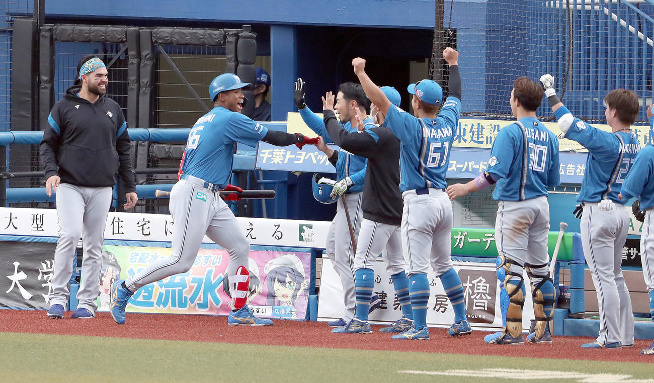 ロッテ対日本ハム　10回表日本ハム無死、万波（左から2人目）は先制となる右越え本塁打を放ちチームメートに出迎えられる（撮影・佐藤翔太）