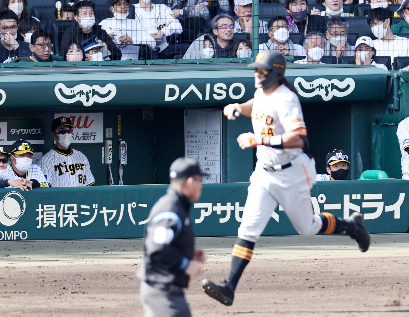 阪神対巨人　4回表巨人2死一、二塁、矢野監督はウォーカーの左越え3点本塁打をベンチから見る（撮影・加藤哉）