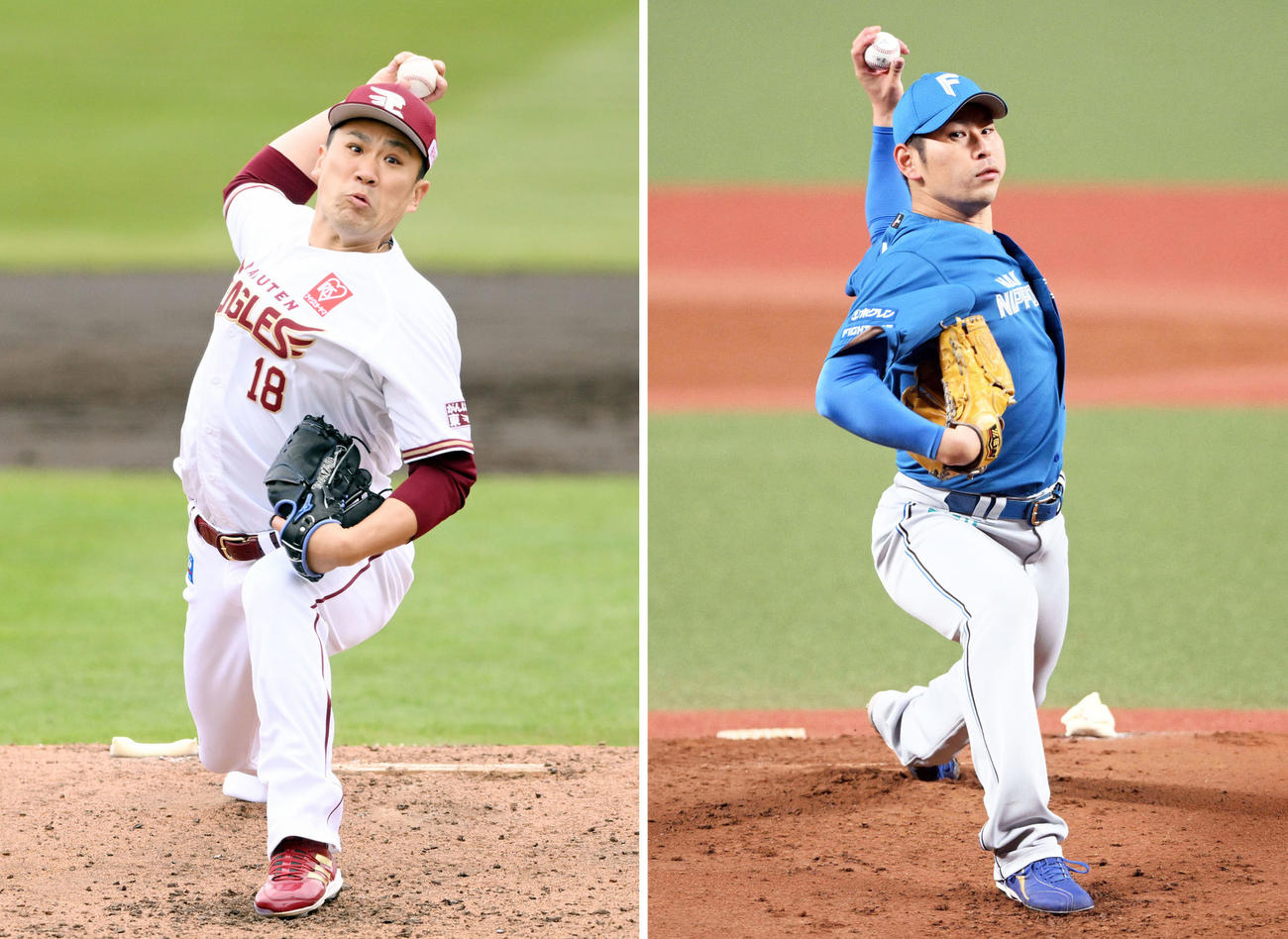 左から楽天田中将大、日本ハム加藤貴之