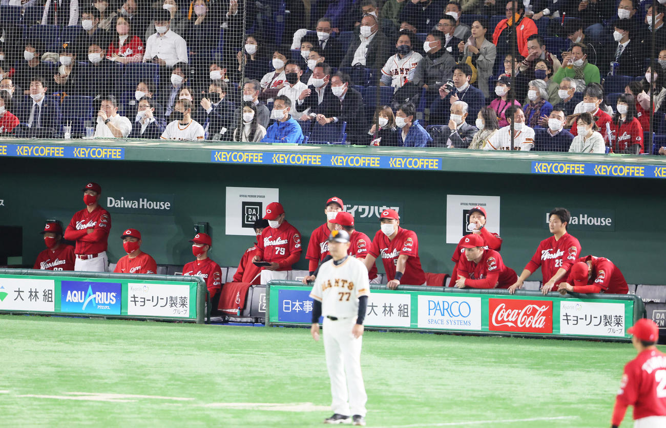 巨人対広島　8回裏巨人に逆転を許しがっくりとうなだれる広島ベンチ。左端は佐々岡監督、右から2人目は床田（撮影・足立雅史）