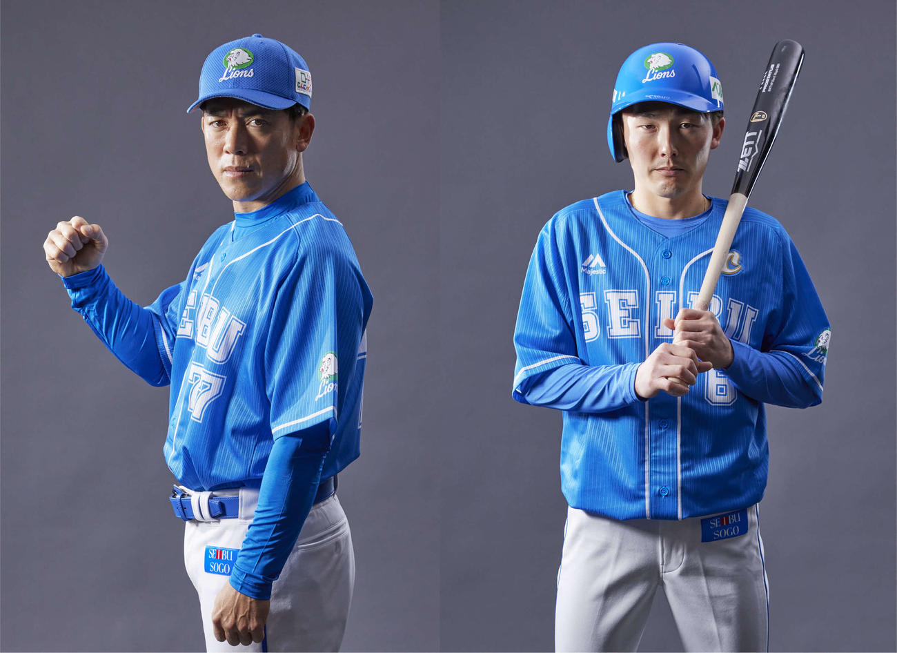 復刻ユニホームを着用する西武松井ヘッドコーチ（左）と源田（球団提供）
