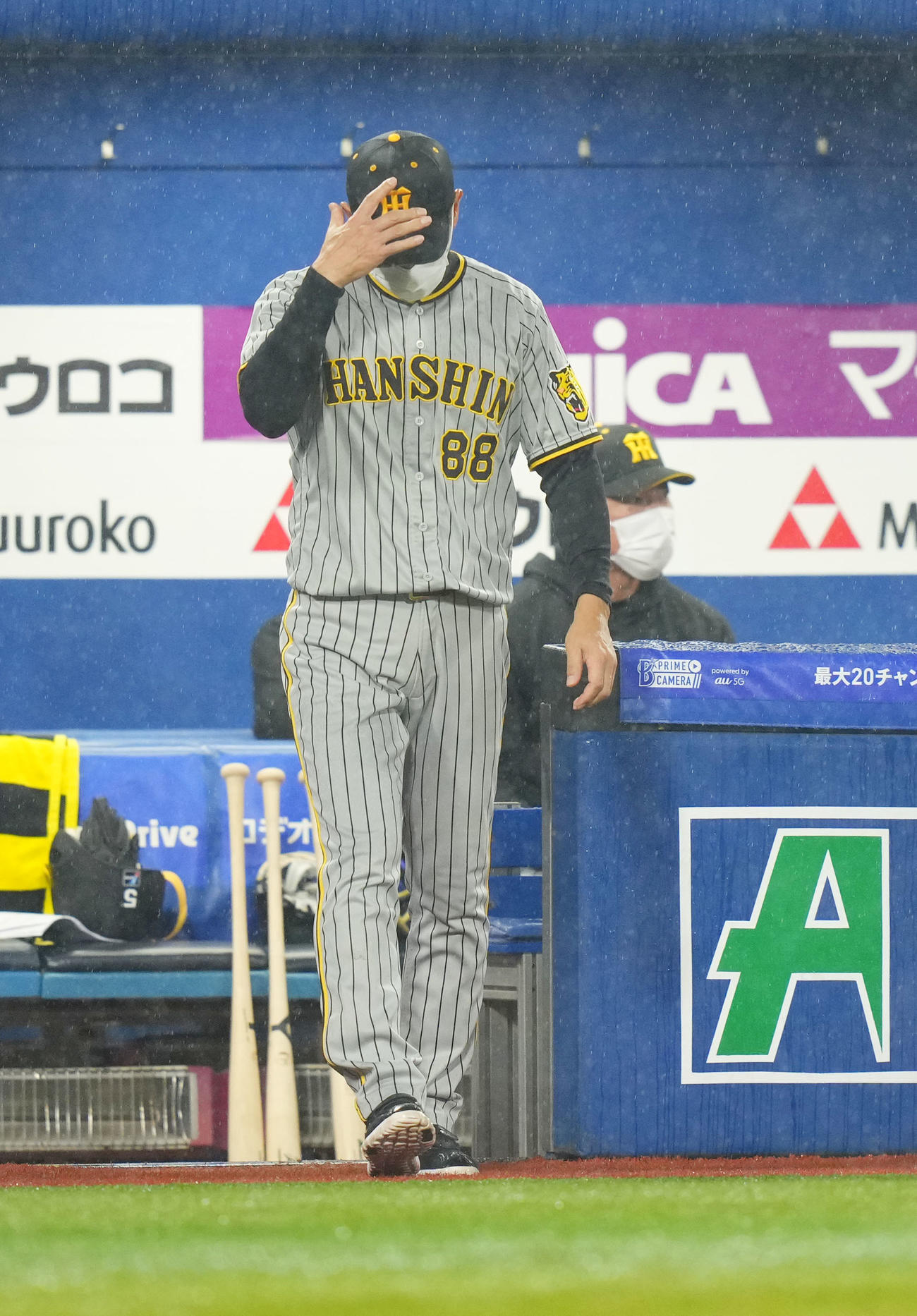 DeNA対阪神　5回裏途中、投手交代を告げに向かう阪神矢野監督（撮影・横山健太）