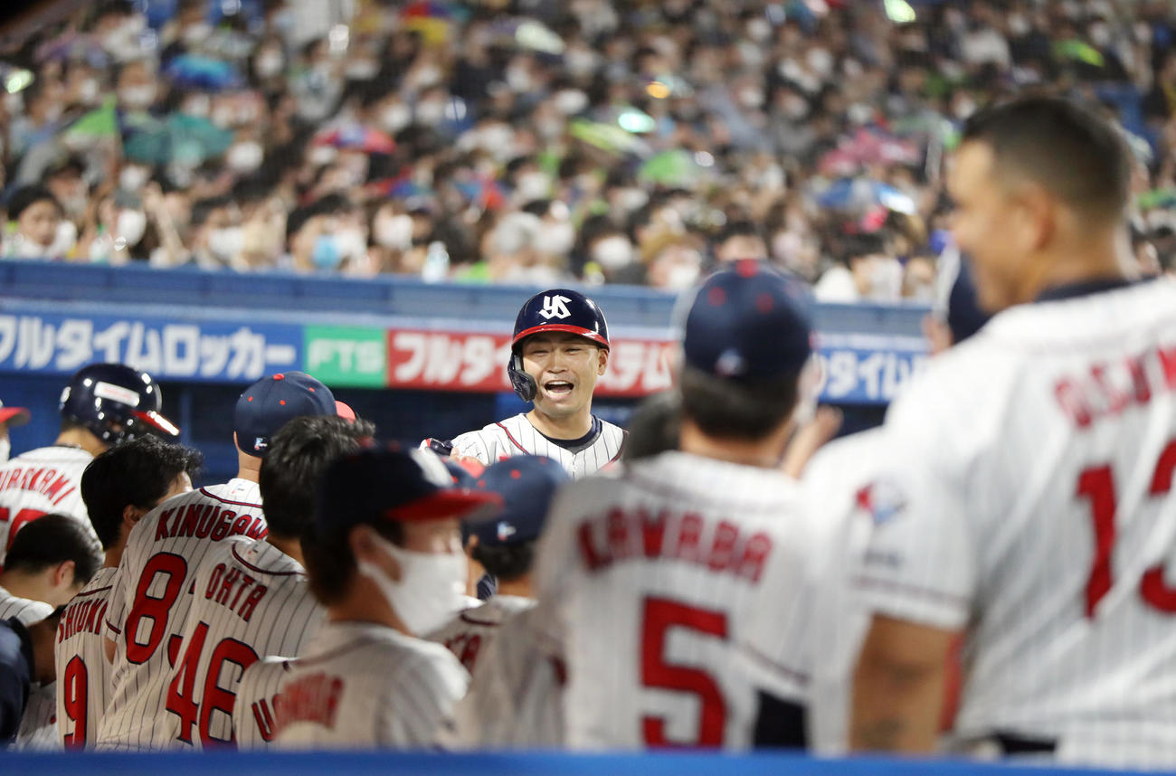 ヤクルト対阪神　4回裏ヤクルト無死、先制ソロ本塁打を放ち、ベンチに迎えられるヤクルト青木（中央）（撮影・狩俣裕三）