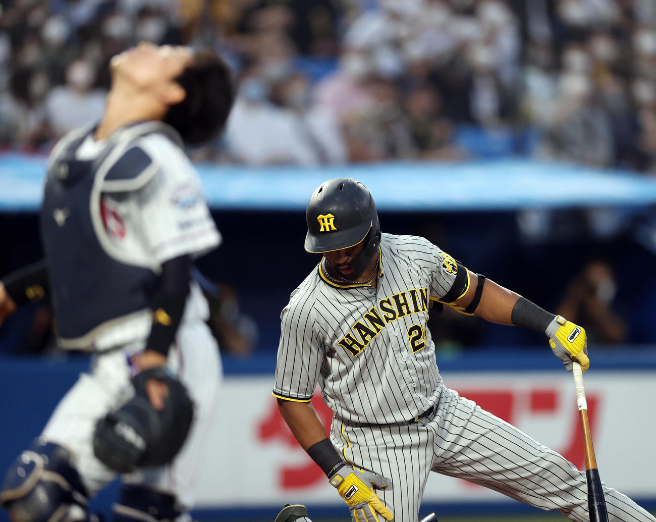 ヤクルト対阪神　1回表阪神1死満塁、捕邪飛に倒れる阪神ロハス・ジュニア（右）。手前は内山壮（撮影・狩俣裕三）