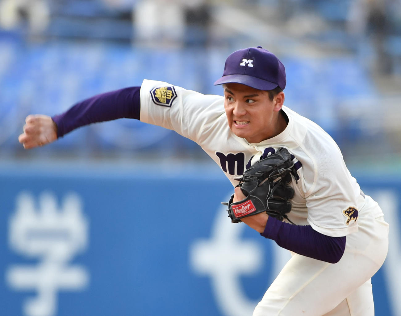 明大対早大　完投勝利を挙げた明大・蒔田（撮影・柴田隆二）
