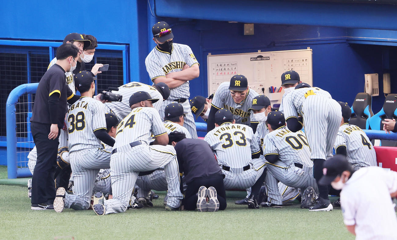試合前の円陣でマスク姿で声出しをする阪神島田（中央右）（撮影・足立雅史）