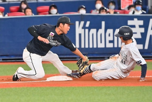 オリックス対ロッテ　7回裏オリックス2死二塁、三盗に成功する佐野皓、野手は平沢（撮影・和賀正仁）
