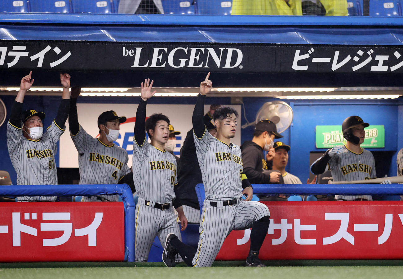 7回表阪神2死二塁、阪神小幡竜平の2点本塁打の打球をベンチを飛び出て喜ぶ佐藤輝（手前）ら阪神ベンチ（撮影・狩俣裕三）