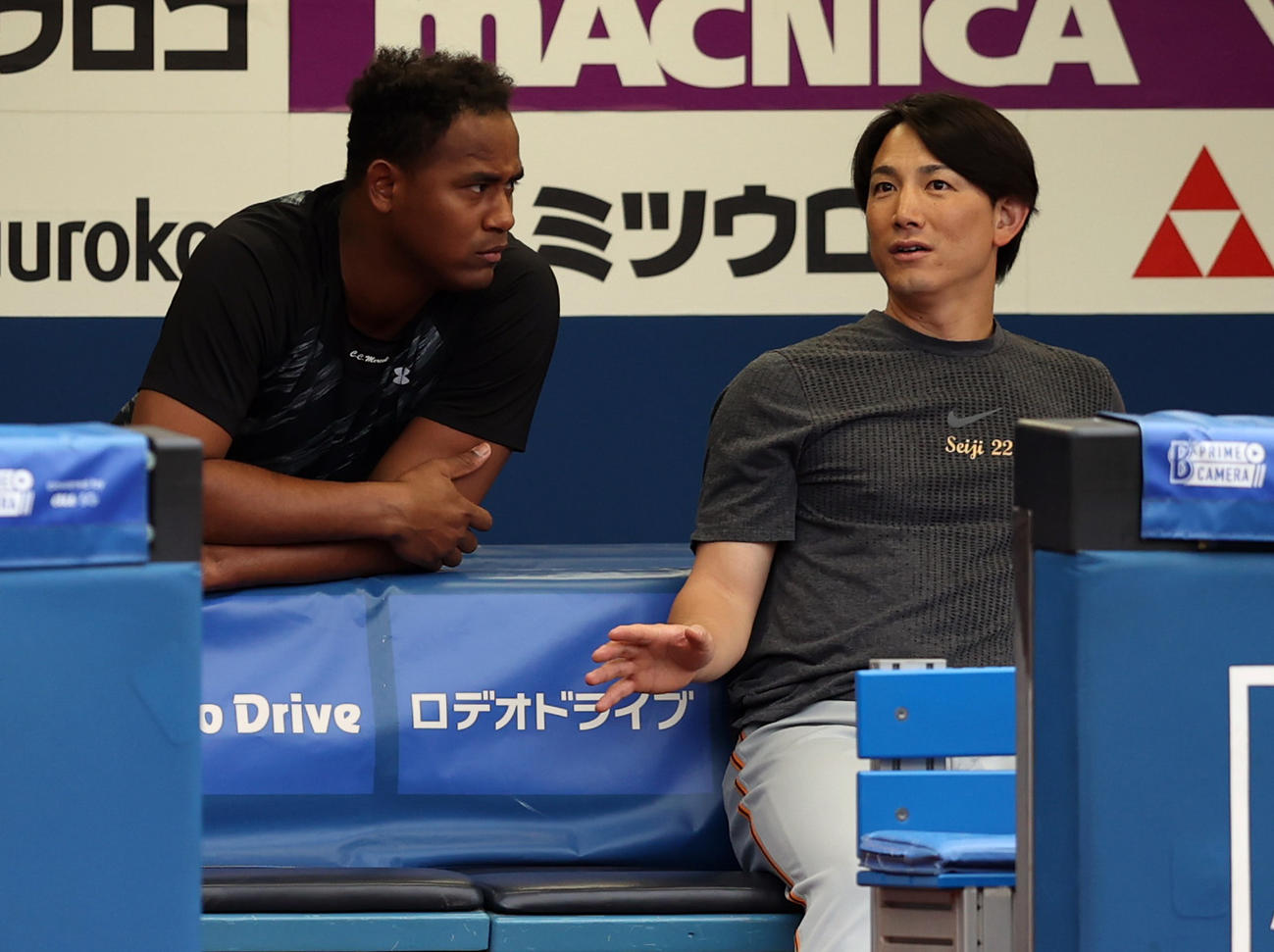DeNA対巨人　試合前、ベンチで話をする巨人メルセデス（左）と小林（撮影・狩俣裕三）