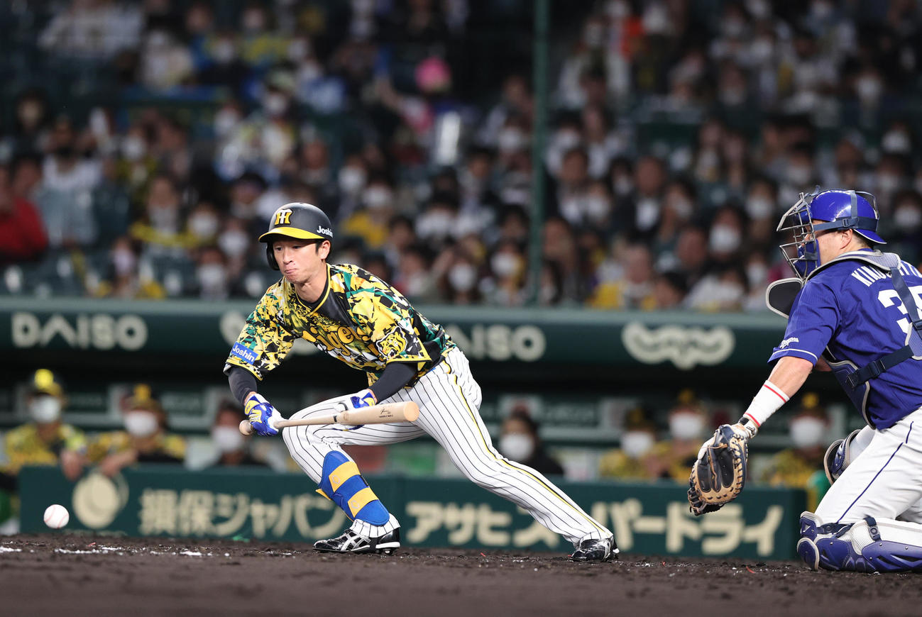 阪神対中日　3回裏阪神無死二塁、近本はセーフティーバントを決める（撮影・上山淳一）
