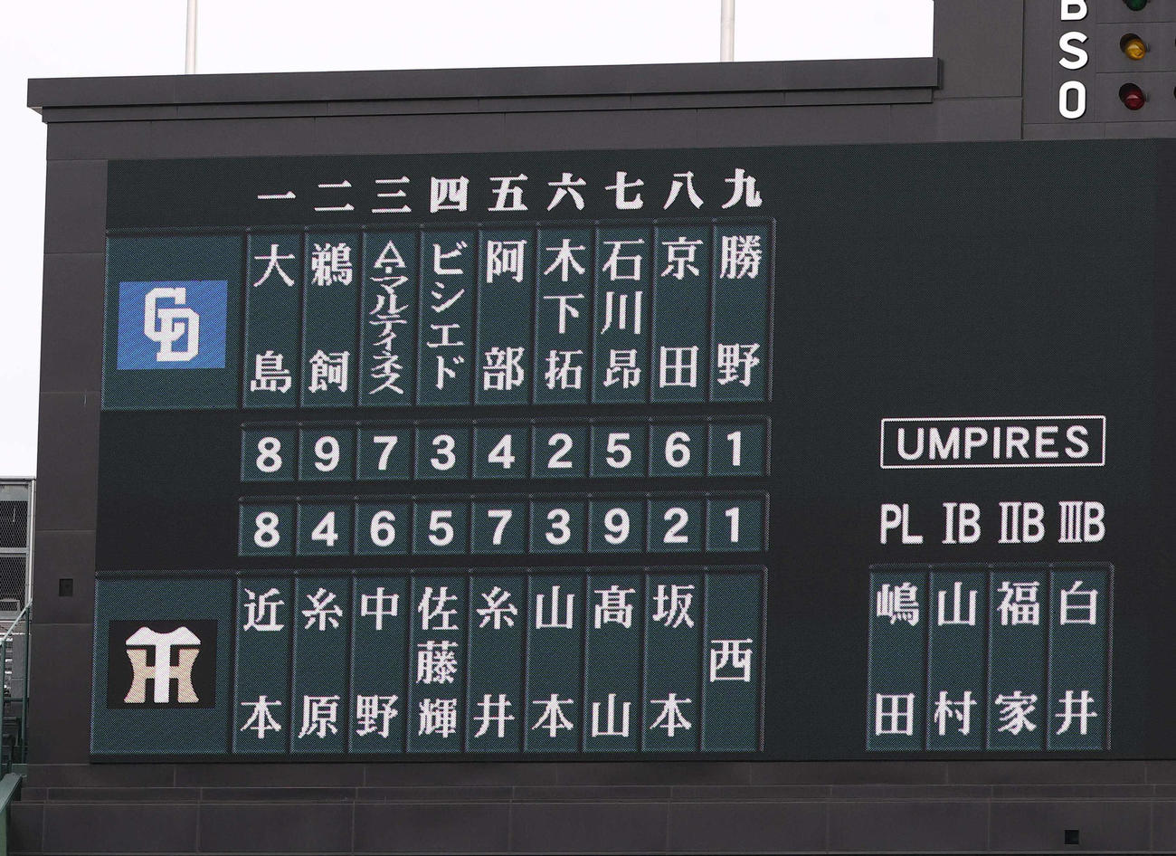 阪神対中日　スタメンが発表され本日の三塁塁審は白井一行審判員（撮影・上田博志）