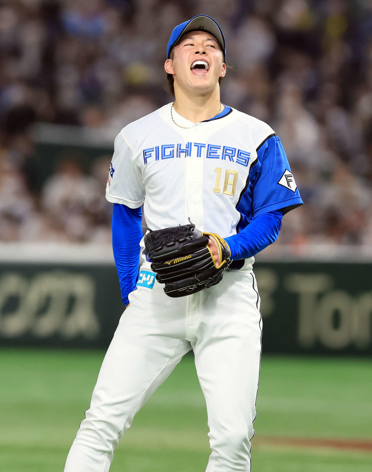日本ハム対オリックス　7回表オリックスの攻撃を抑え雄たけびを上げる吉田（撮影・浅見桂子）
