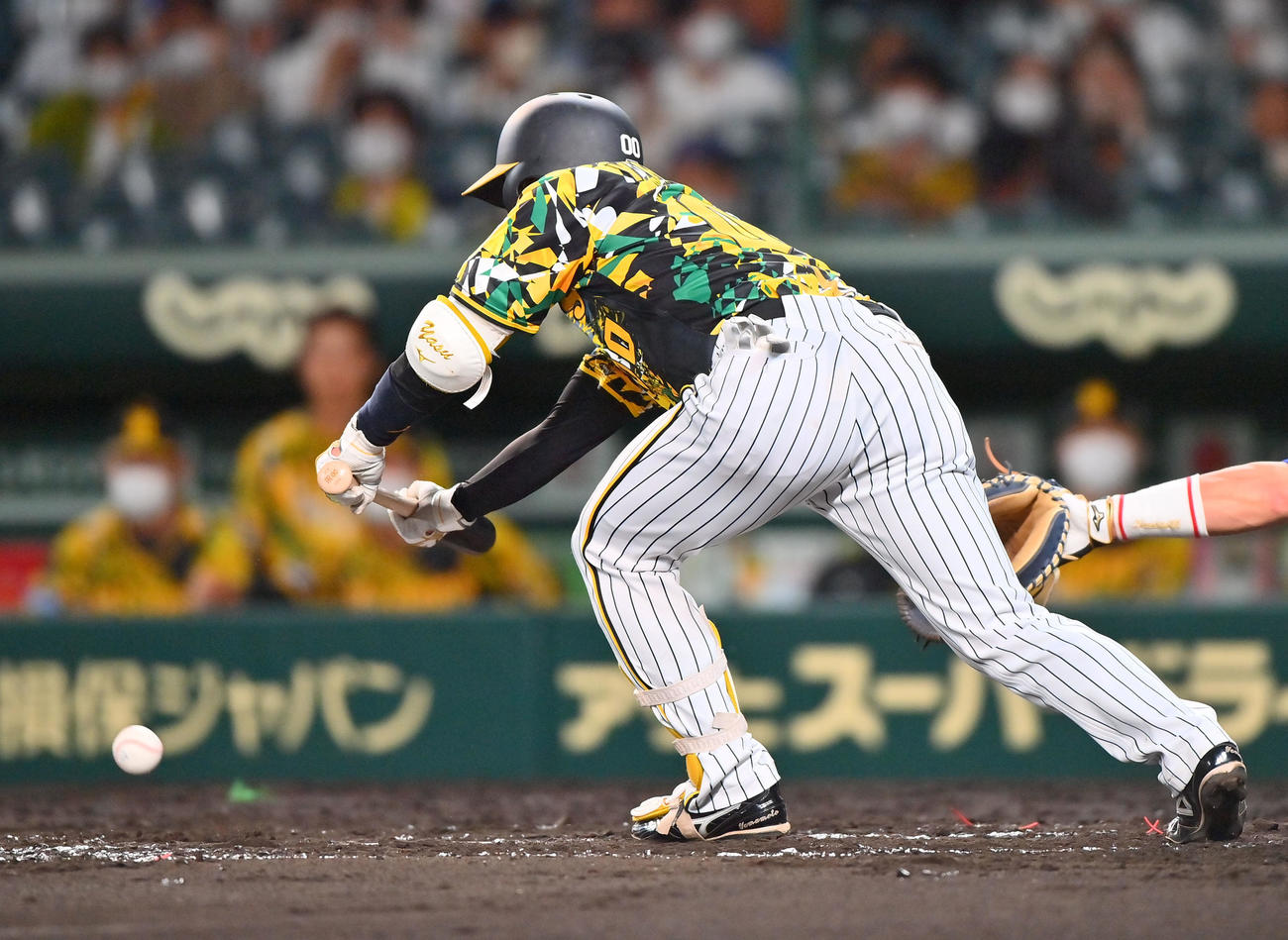 阪神対中日　4回裏阪神無死一、三塁、山本はスクイズを成功させる（撮影・和賀正仁）