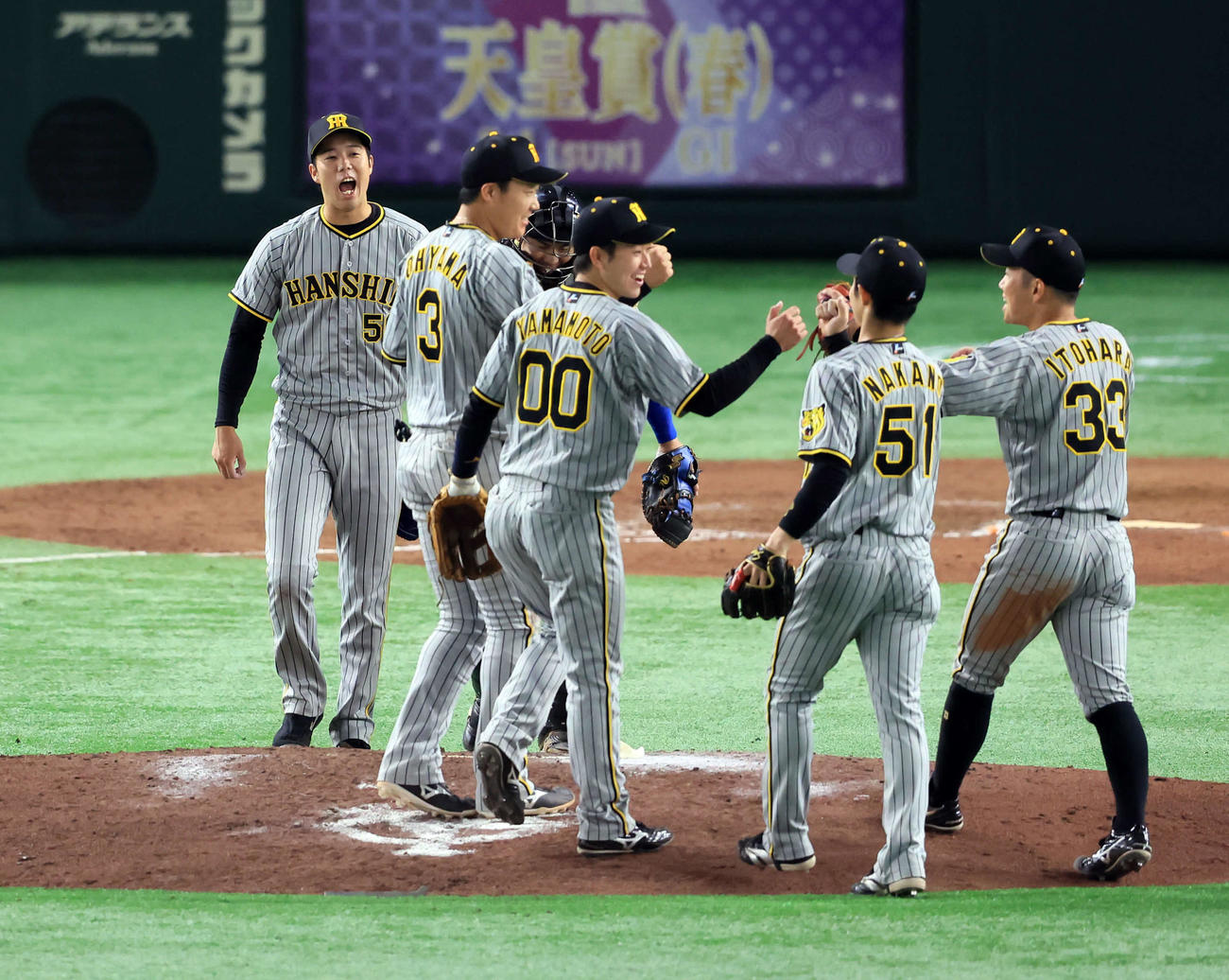 巨人対阪神　完投勝利でチーム4連勝に導いた阪神青柳（左）はナインとハイタッチ（撮影・浅見桂子）