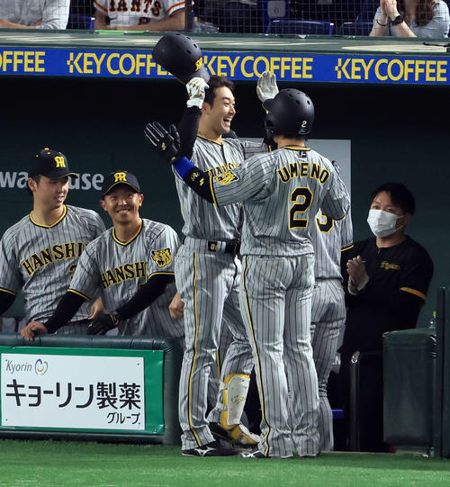 巨人対阪神　8回表阪神1死一塁、山本（中央）は左越え2点本塁打を放ち、ナインと笑顔でハイタッチ（撮影・浅見桂子）