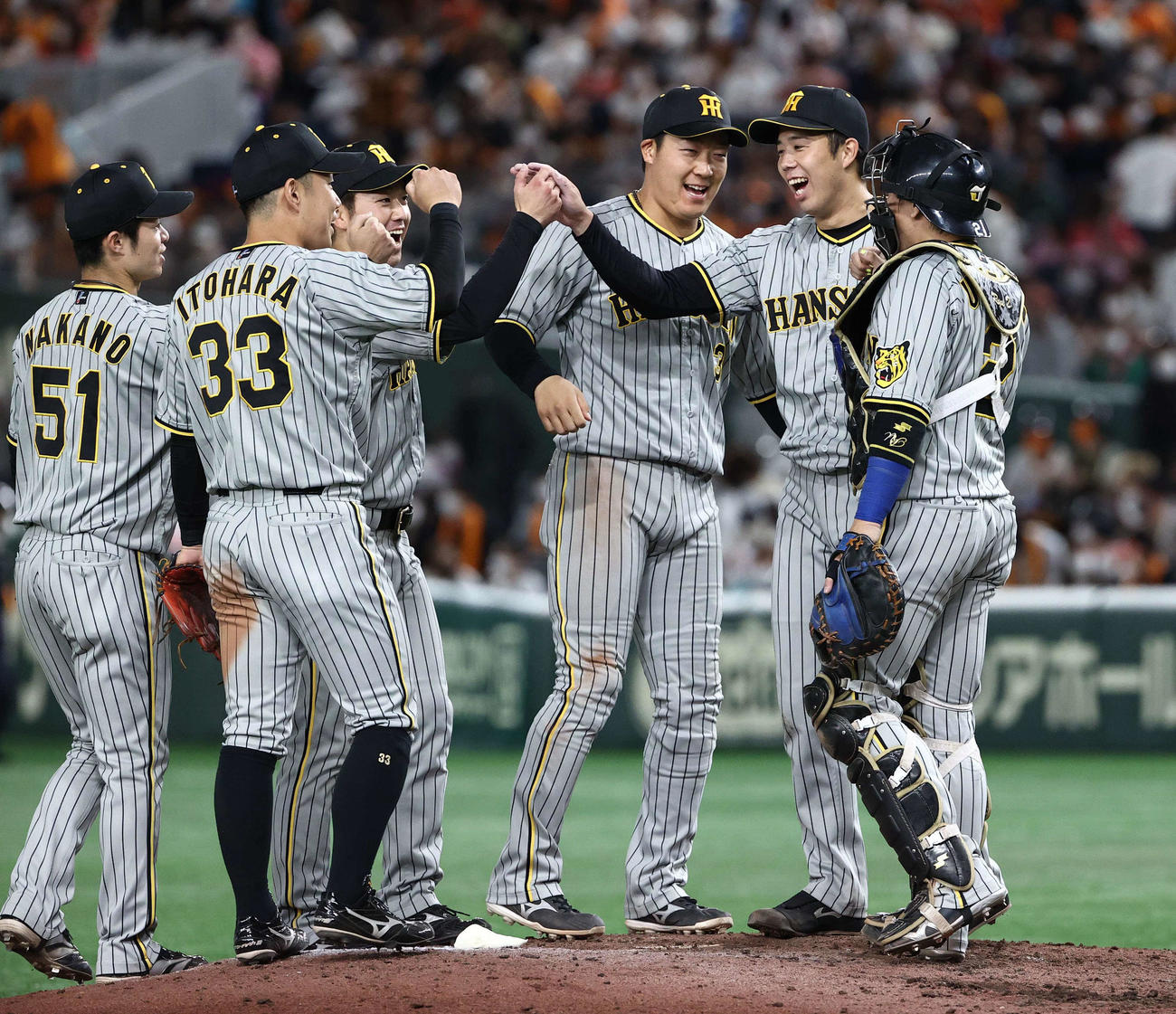 29日の巨人対阪神　チーム4連勝を祝う完投勝利の青柳（右から2人目）や大山（同3人目）ら阪神ナイン（撮影・上田博志）