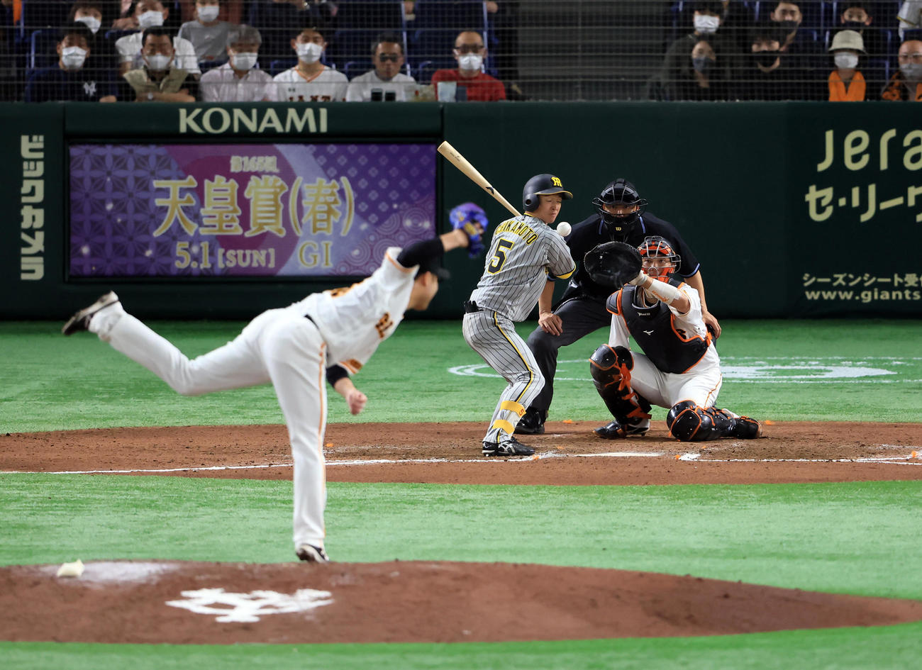 巨人対阪神　7回表阪神2死満塁、近本は押し出し四球を選ぶ。投手今村（撮影・浅見桂子）