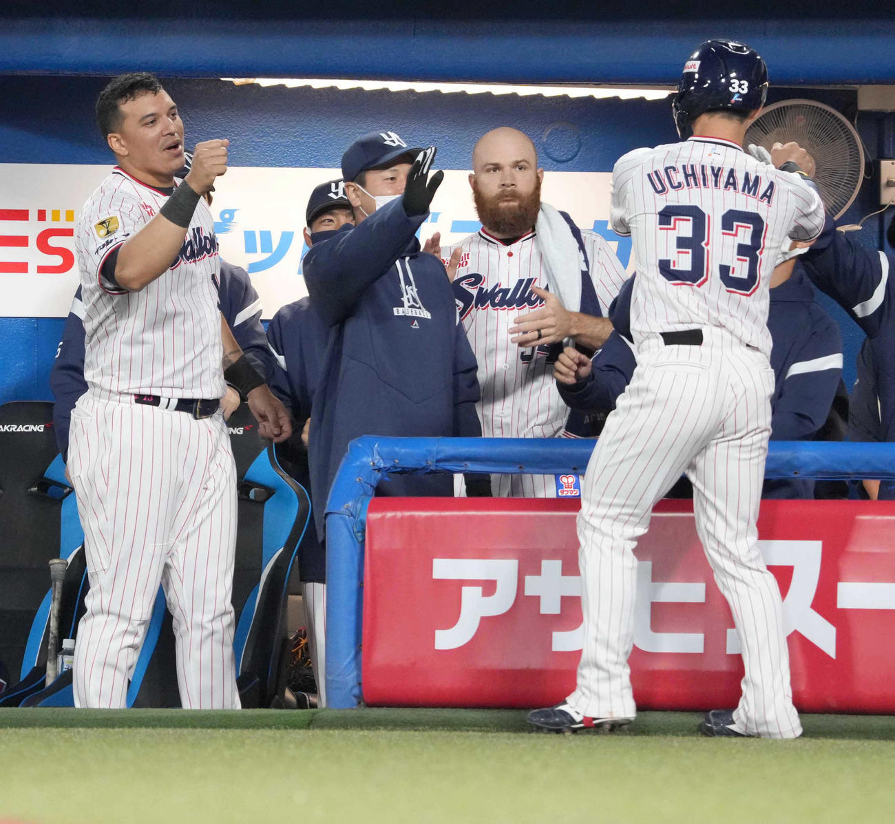 ヤクルト対DeNA 3回裏ヤクルト2死二、三塁、青木の先制右適時打で生還したヤクルト内山壮（右）は先発サイスニード（中央）らベンチのナインの祝福を受ける（撮影・小沢裕）