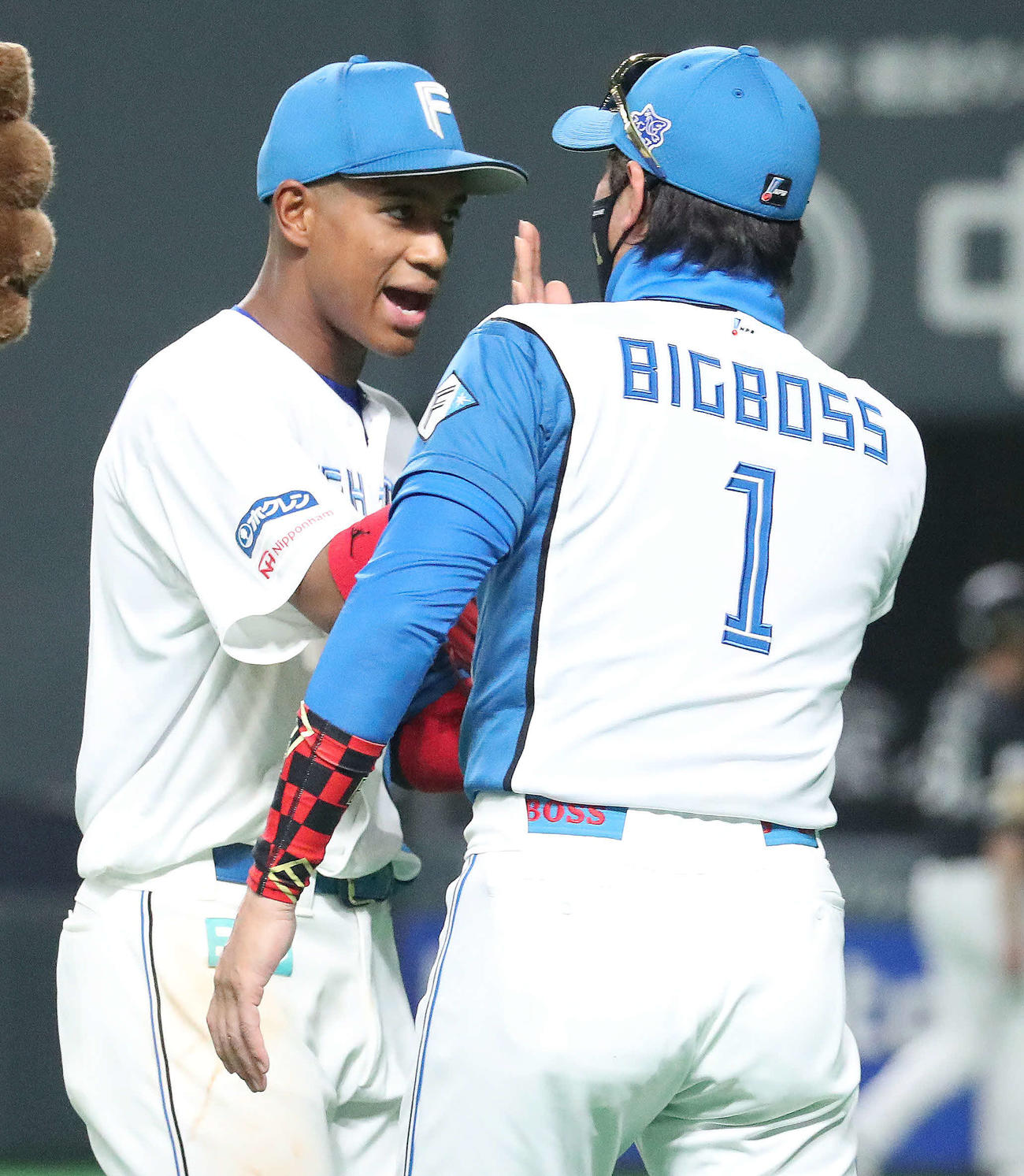 日本ハム対ソフトバンク　日本ハム万波（左）は新庄監督とタッチをかわして勝利を喜ぶ（撮影・佐藤翔太）